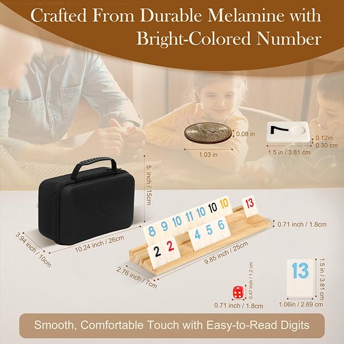Upgraded 2-4 Players Rummy Game, 106 Melamine Tiles, 4 Wooden Racks, Premium Portable Case, Drawstring Bags, Tile Board Games for Adults, Birthday Gifts for Men Women Dad Mom
