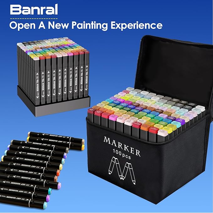 Banral Alcohol Markers Set, 100 Colors Dual Tip Alcohol Based Art Marker for Artists, Permanent Drawing Pens for Adult Coloring Sketching Illustration with Case and Holders