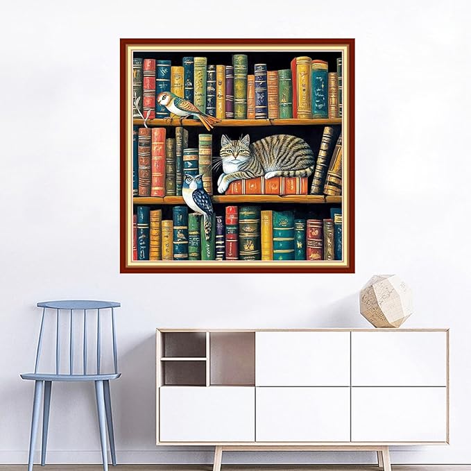 Joyhoor Cross Stitch Kits for Beginners Stamped Cross-Stitch Supplies Needlework preprint Embroidery Kits for Adults DIY Needlepoint Kits Embroidery Patterns 11CT-Cat Bookshelf 18x18 inchs