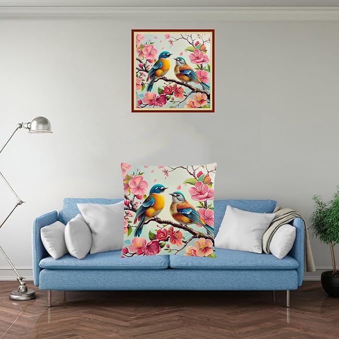 Stamped Cross Stitch Kits for Adults Beginners Pillow Needlepoint Kit with Embroidery Pattern Needlework Kit Prestamped Stitches Kit 11CT Cross Stitching-Peach Blossom Bird 18x18 inch