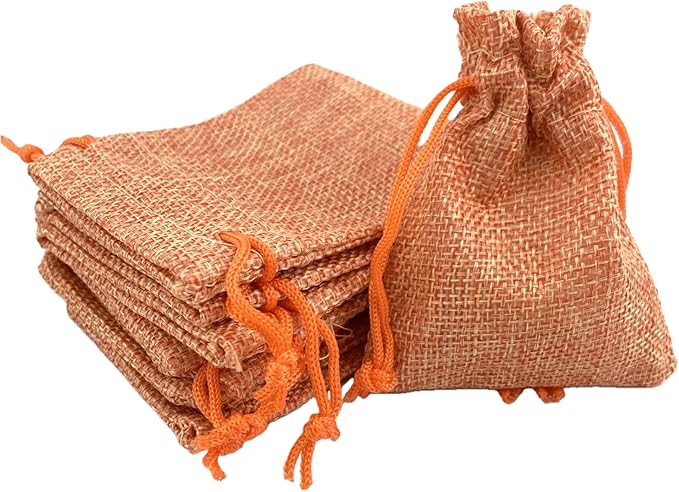 Palmhomee Pack of 25 Burlap Gift Bags with Drawstring Linen Jewelry Pouches Wedding Hessian Jute Bags for Birthday Jewelry and Treat Pouches Party Wedding Favors Gift Art and DIY Craft   (2.8x3.6 Inch Orange)