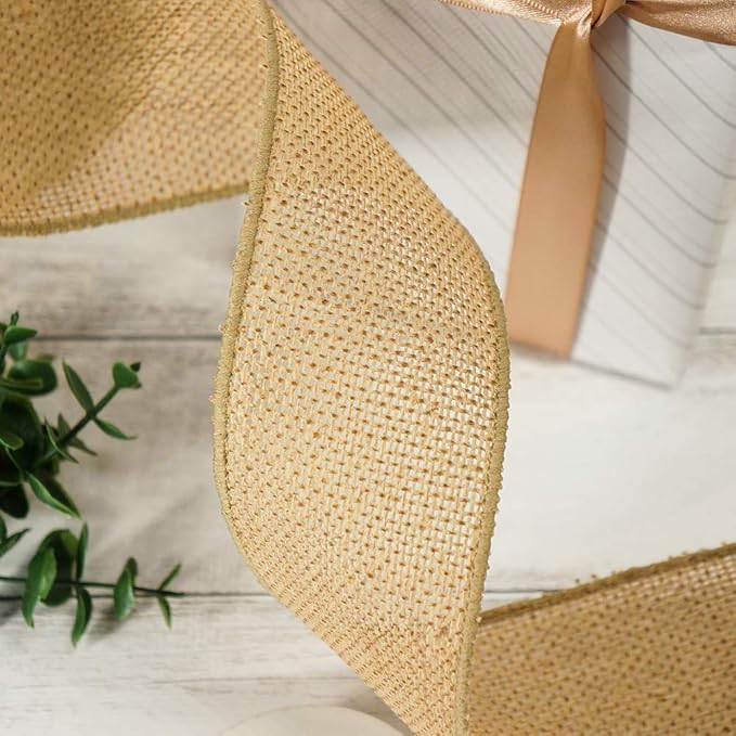 CT CRAFT LLC Burlap Fabric Wired Ribbon 2.5" x 20 Yards Natural Color for Christmas Home Wedding Decor Gift Wrapping Tree Topper Bow Wreath Bouquet DIY Crafts