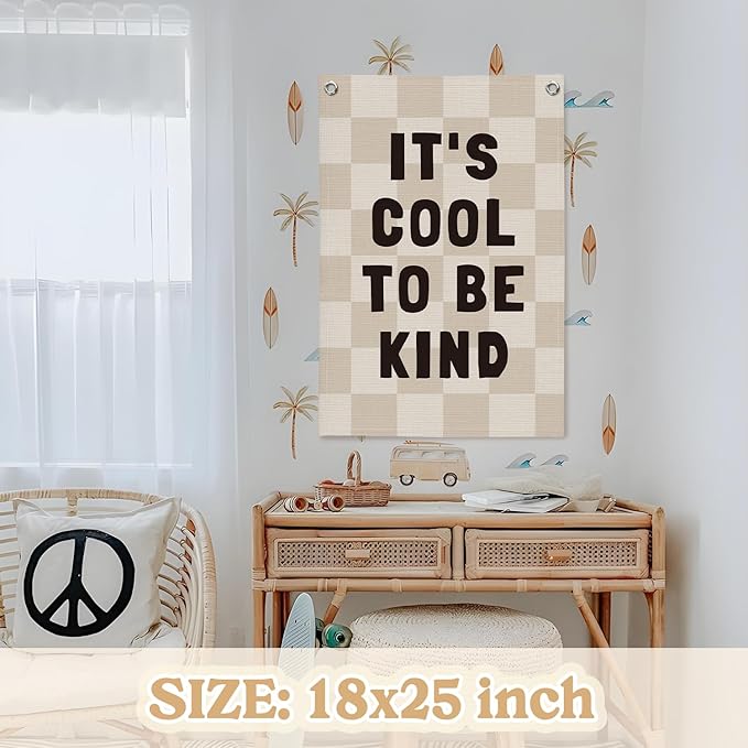 Kids Room Decor Linen Canvas Banner, It's Cool to Be Kind,Baby Nursery Decor Wall Hanging Flag for Bedroom Playroom Classroom Kids Rroom 18x25 Inch