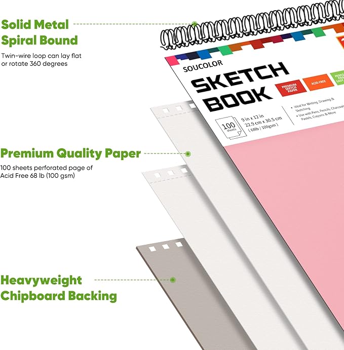 Soucolor Cute Sketchbook 9" x 12" for Women, 1-Pack 100 Sheets Spiral Notebook Drawing Pad for Girls, Pastel Girls' School Art Supplies for Beginner Artists, Arts and Crafts Gifts Set for Kids Adults