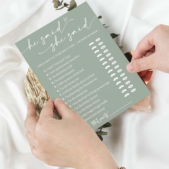 Minimalist Green Wedding Party Supplies: 25 Guest Bridal Shower Games - Engagement Party Cards