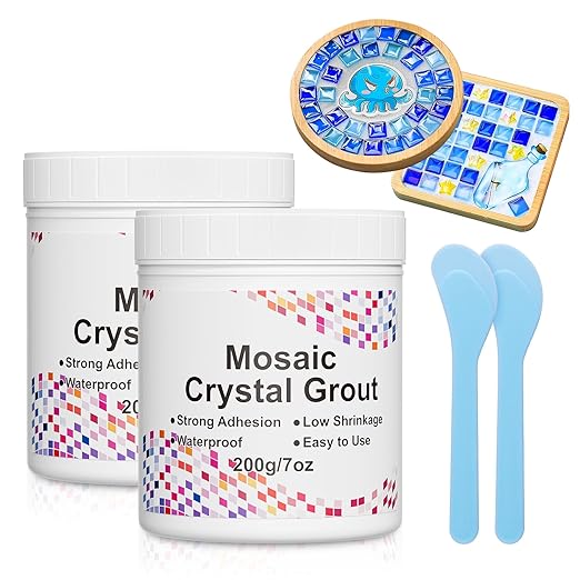 Mosaic Crystal Grout Kit with Scraper, Mosaic Crystal Sealant, Handmade Decorate Tessellated Coasters, No Need to add Water, Perfect for DIY Craft Projects & Tile Accessories (Translucent, 14oz)