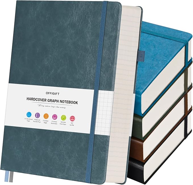 5 Pack Graph Paper Notebook, 312 Numbered Pages Graph Notebook Bulk, 100gsm No Bleed Grid Paper Notebooks for Work, Hardcover Leather Journal, Squared Grid Notebook for Graphing Notes Math, Multicolor
