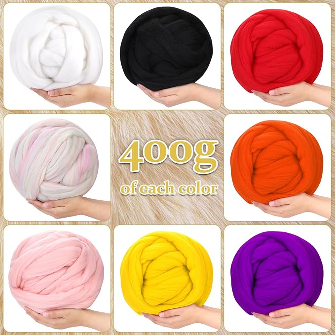 QMNNMA Wool Roving Bulk, 14.1oz Needle Felting Wool, Fiber Roving Wool Top for Hand Spinning, Felting, Blending, Weaving and DIY Craft (400g)