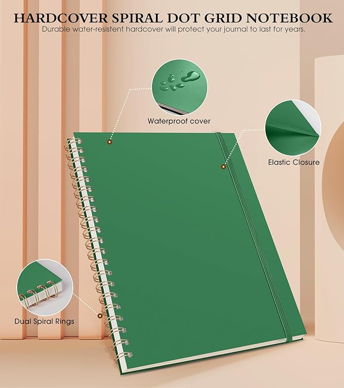 Dotted Notebook, Spiral Notebook Journal 8.5” x 11”, A4 Large Dot Grid Notebooks for Women Men, 100 GSM Dotted Paper, Plastic Hardcover Spiral Bullet Journals for Work School Sketching, Green