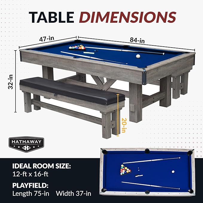 Hathaway Logan 7-ft Pool Table Combo Set with Benches - Rustic Gray with Blue Felt, Barnwood