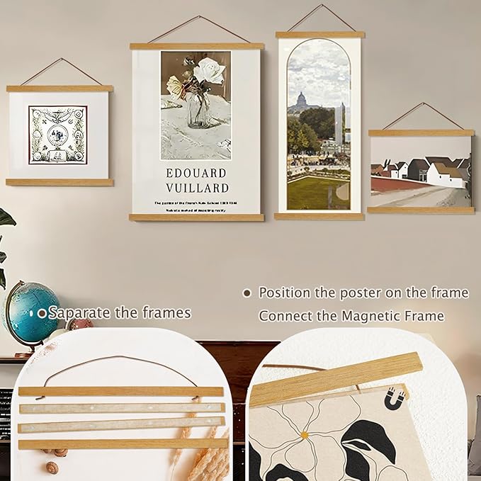 Artmag Magnetic Poster Hanger Frame, 12x18 12x16 12x24 Light Wood Wooden Magnet Canvas Artwork Print Poster Hangers Frames Hanging Kit (Teak Wood, 12")