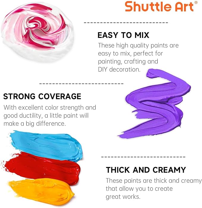 Shuttle Art Acrylic Paint, 24 Colors Acrylic Paint Bottle Set, 250ml/8.45oz Each, Rich Pigments, High Viscosity, Bulk for Artists, Beginners and Kids Painting on Rocks Crafts Canvas Wood