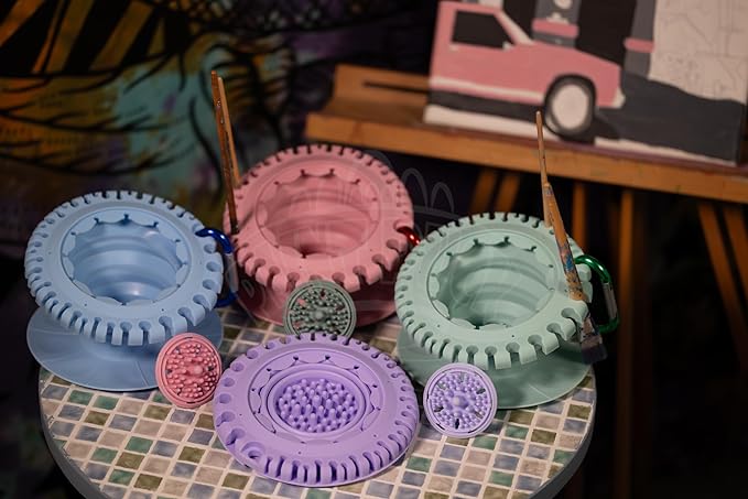 Paint Puck CollapsiBowl Paint Brush Cleaner Rinse Cup (Purple) - Collapsible Paint Water Cup & Brush Cleaner with Brush Holder, Squeegee Lips & Drip Tray for Acrylic, Watercolor & Art Supplies