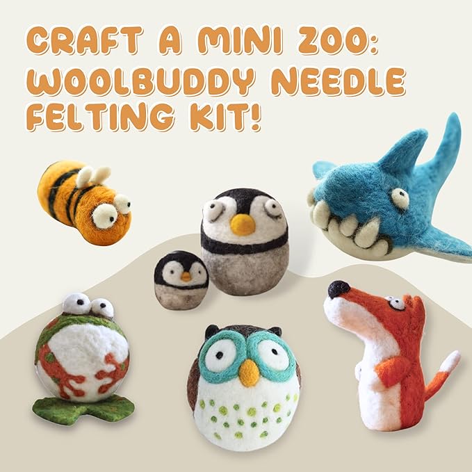 Woolbuddy Needle Felting Wool Kit – Starter Set to Make 6 Cute Animals – Includes Wool, Pad, Needles & Instructions for Beginners and Adults