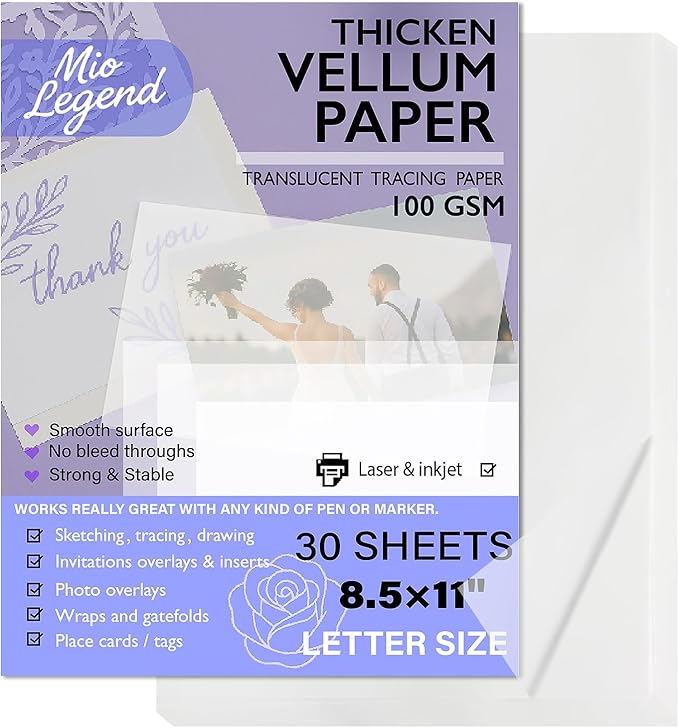 Vellum Paper 8.5 x 11 Translucent Printable 100gsm/68lbs Vellum Tracing Paper Translucent Vellum Paper for Invitation Greeting Cards Tracing Paper Pad for Drawing Sketching Writing (30 Sheets)