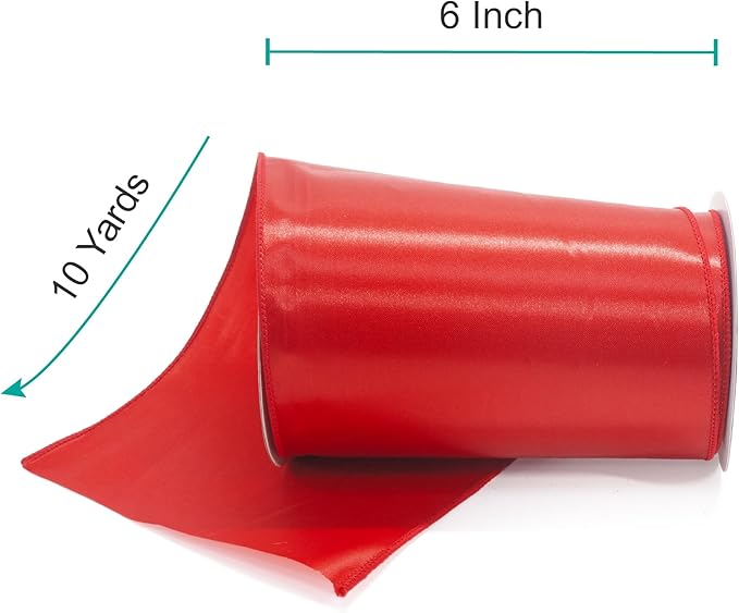 CT CRAFT LLC Satin Wired Ribbon 6 Inch x 10 Yards Red for Christmas Home Décor Gift Wrapping Tree Topper Bow Wreath DIY Crafts,