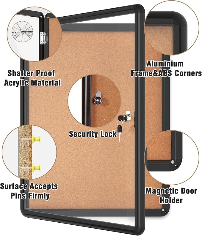 26"x20" Enclosed Bulletin Board, Lockable Weather-Resistant Aluminum Cork Noticeboard for School & Office, Black Frame w/Cork