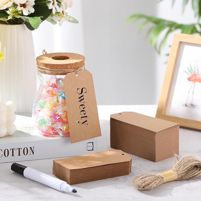 Gersoniel 200 Pcs Kraft Paper Gift Tags with String 4.7" x 2.4" Cardboard Price Tag Name Tag Vintage Wedding Birthday Hang Brown Tags with Twine Blank Gift Tag for Wedding Birthday Holiday Art & Craft