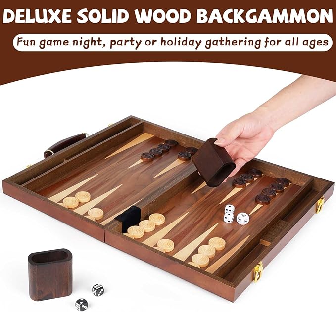 Wooden Backgammon Board Game Set (15 Inches) for Adults and Kids - Classic Board Strategy Game - Portable and Travel Set Family Game Night Vintage Backgammon Strategy Game