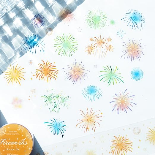 Fireworks PET Tape Set, 4 Rolls Pre-Cut Ephemera for Junk Journaling, Scrapbooking, Crafting, DIY Projects, Diaries, and Art Supplies