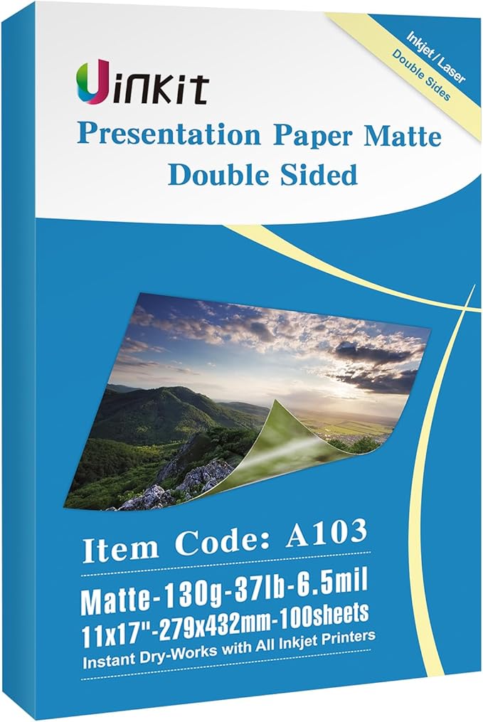 Uinkit Brochure Paper Glossy Double Sided 8.5x11 Inkjet 37lb 140gsm Dye ink Thin Photo Picture Flyer Calendar Magazine CD Cover letter (100, 11x17-matte)