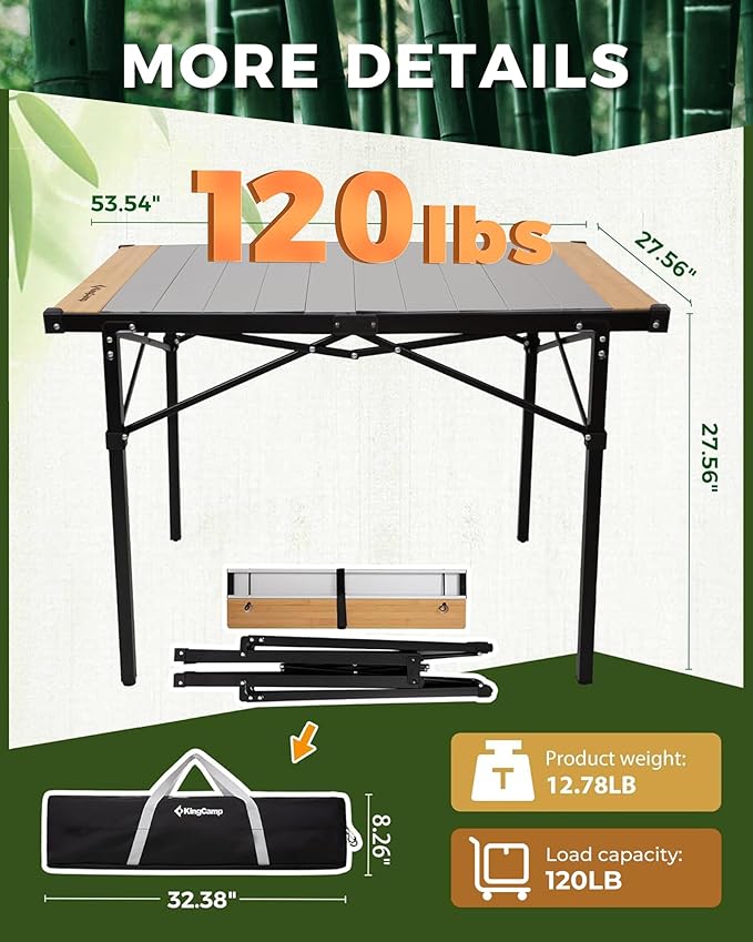 KingCamp Folding Camping Table, Aluminum Roll-Up Camp Table, Large Foldable Table for 2-4 Person, Outdoor Portable Tables with Carry Bag, 120 LBS Heavy Duty Load (Bamboo：40.16“x27.5”，2-4 People)