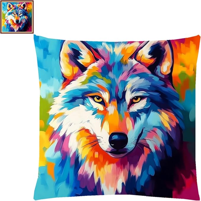 Fanxvivy Stamped Cross Stitch Kits for Adults Beginners Pillow Needlepoint Kit with Embroidery Pattern Needlework Kit Prestamped Stitches Kit 11CT Cross Stitching-Colorful Wolf 18x18 inch