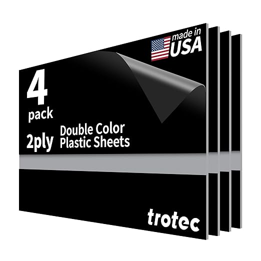 Trotec TroLase | 12"x20"x1/16", 4 Pcs | Black/Silver | 2 Ply | Modified Acrylic | Laser Engraving Double Color Plastic Sheet | Engraving Blanks for Laser, Saw, Guillotine | Made in USA