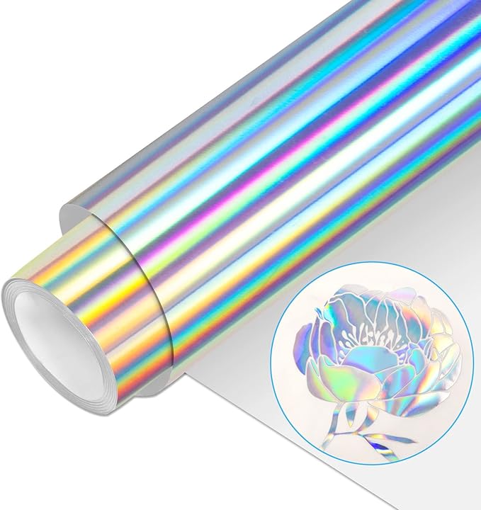 VINYL FROG Metallic Foil HTV Vinyl Roll 12" x5ft Holographic Silver Heat Transfer Vinyl Chrome Iron on Vinyl Easy to Cut & Weed DIY Heat Press Design for T-Shirts