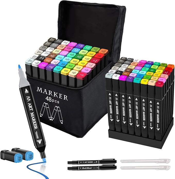 Banral 48 Colors Alcohol Markers Set, Dual Tip Alcohol Based Markers, Art Markers Pens for Artists Kids Adult Coloring, Permanent Illustration Sketch Markers for Drawing with Case and Holders