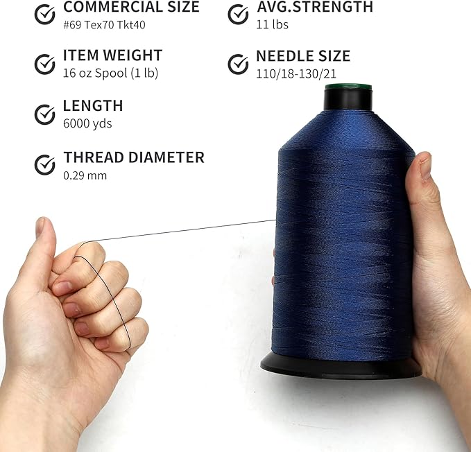 Extra Strong Bonded Nylon Thread #69 Tex70 – 16 OZ, 6000yds, Versatile Stitching Solution for Leather, Upholstery, Canvas Repair and More (Royal Blue)