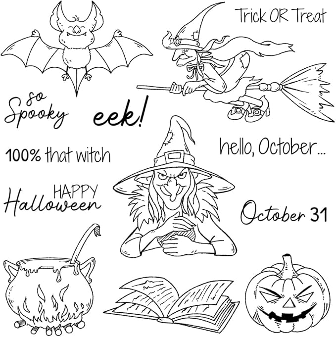 Halloween Clear Silicone stampReusable Stamp with Pumpkins, Skulls, Bats, Santa Claus, and Holiday Designs. Used for Making Cards, scrapbooks, and DIY templates (Halloween Witch)