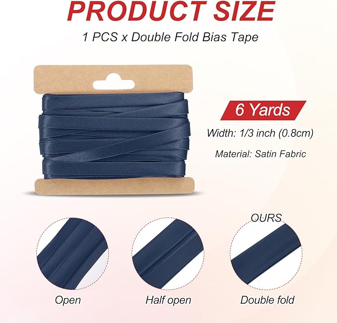 MECCANIXITY Double Fold Bias Tape for Sewing 1/3 Inch x 6 Yards Satin Pre-fold Continuous Binding Tape for Seaming Quilting Hemming Binding DIY Crafts, Navy Blue