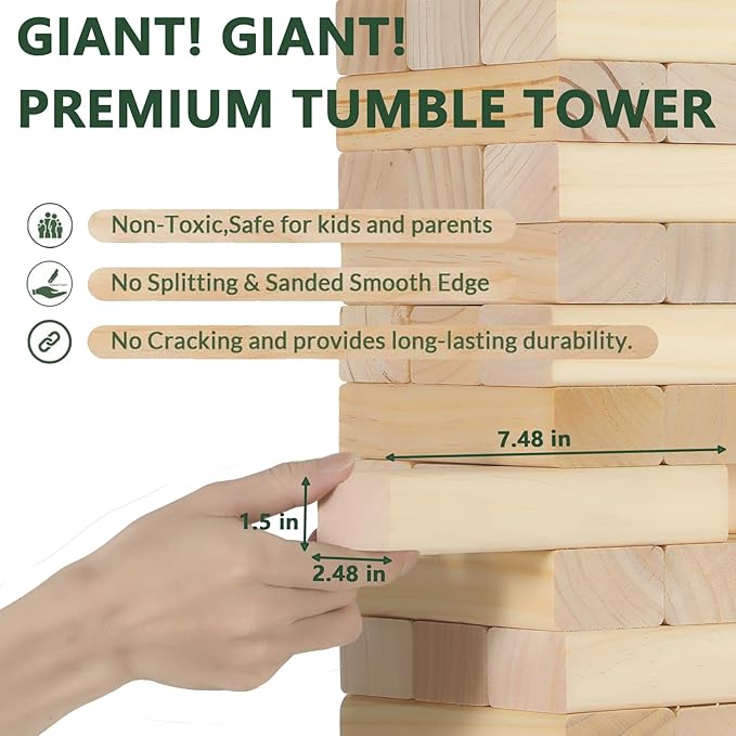 ApudArmis Giant Tumble Tower Stack to Over 5.2Ft, 60 PCS Pine Wooden Stacking Timber Tower,Classic Block Giant Outdoor Indoor Game for Adults, Fun Game at Backyard, Lawn, Party with Family & Friends