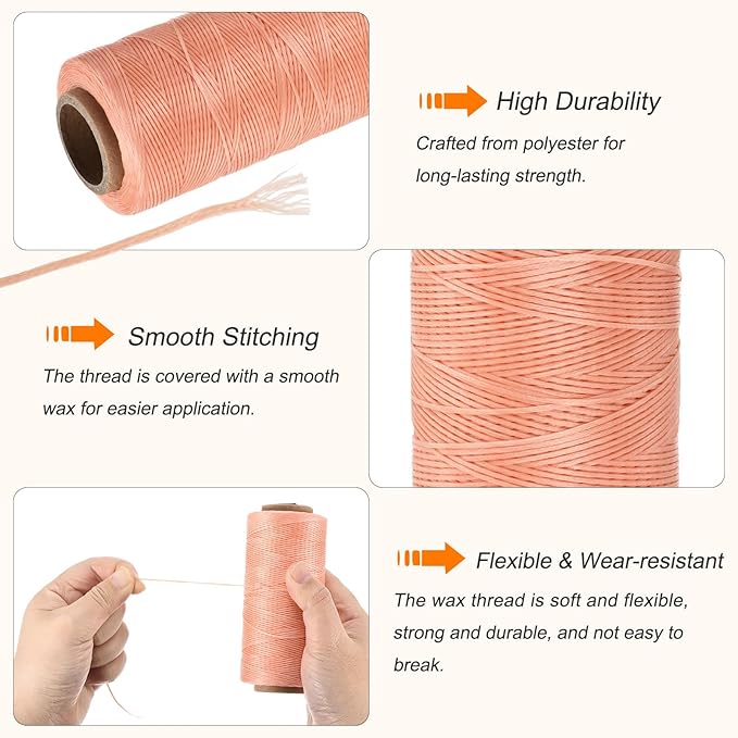 MECCANIXITY Waxed Thread,197 Yard 1mm 210D Flat Wax Thread Polyester Waxed String for Leather Sewing Hand Weaving Book Binding Home Decoration,Light Pink