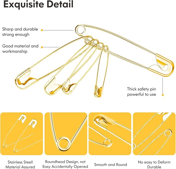 Huhuhero Safety Pins Assorted, 160-Pack 5 Different Sizes Small and Large Safety Pins for Clothes Fabric Costume, Nickel Plated Steel Pin Bulk, Sewing Arts Crafts Supplies, Gold