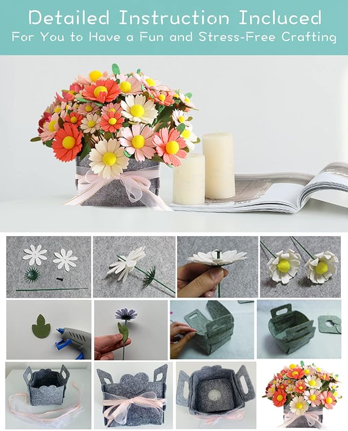 DIY Felt Flower Art Craft Kit, Daisy Bouquet Kit, Floral Gifts, Beginner Craft Kit, Arrange Pre-Cut Flowers and Foliage