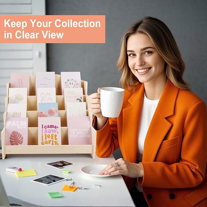 4-Tier Wooden Greeting Card Display Stand, Sticker Organizer Rack, Retail Counter Holder for Postcards and Photos& Stationery Vendors (Burlywood)