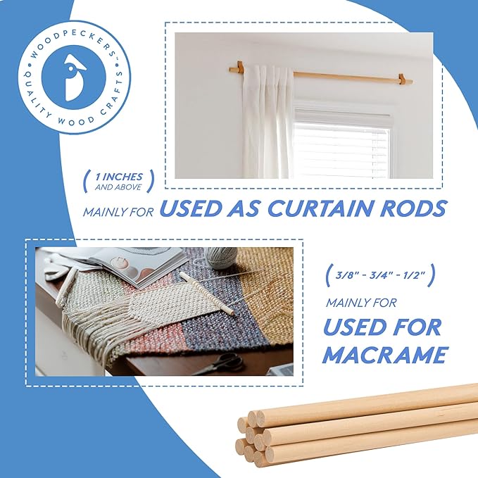 Dowel Rods Wood Sticks Wooden Dowel Rods - 1/2 x 24 Inch Unfinished Hardwood Sticks - for Crafts and DIYers - 25 Pieces by Woodpeckers
