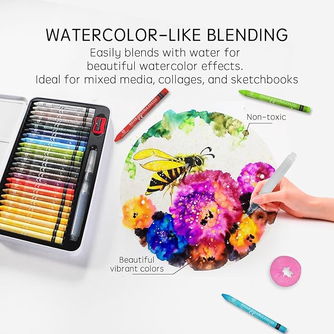 25 Colors Water Soluble Pastels, Watercolor Pastels Set for Beginners and Hobbyists, Includes Sharpener, Palette & Brush for Vibrant Art Creations (Europe)
