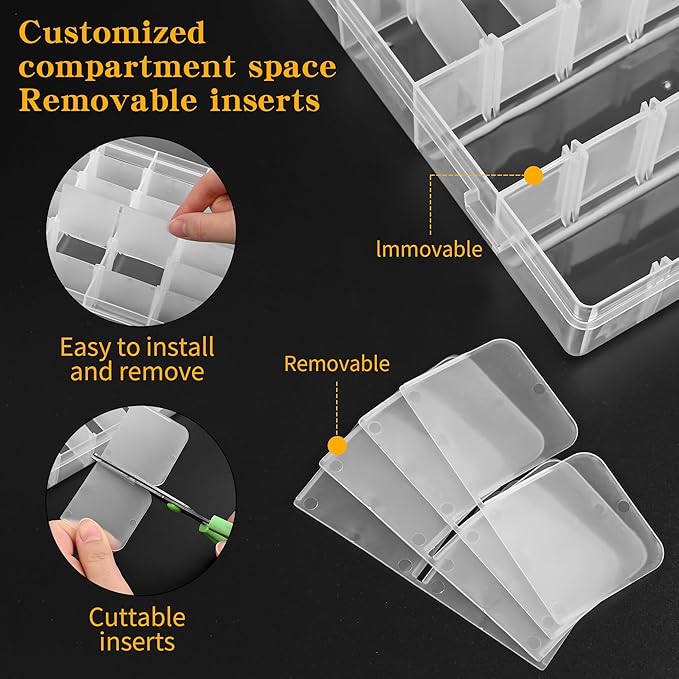 Plastic Organizer Container Box,36 Large Grids Clear Plastic Organizer Boxes with Adjustable Dividers Craft Organizers Box for Bead,Jewelry,DIY Crafts,Art,Small Items Storage (Clear-2pack-72 Grids)