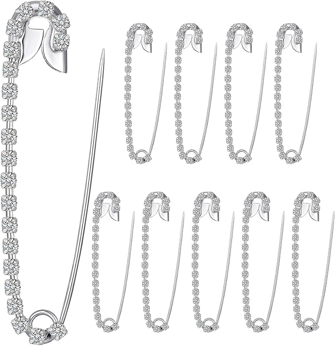 Housweety 10 Silver Tone Rhinestone Safety Pins Brooches 5.8x1.2cm