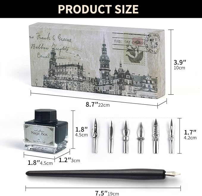 FEATTY Dip Pen for Drawing with ink - Antique Wooden Calligraphy Kits for beginners with 6 Replaceable Nibs