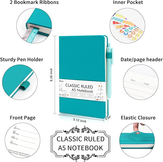 feela 5 Pack Journal Notebook Bulk for School, Hardcover Business Notebooks Classic Ruled Lined Journals with Pen Holder for Work Note Taking, with 5 Black Pens, 120 GSM, 5.1”x8.3”, A5, Emerald