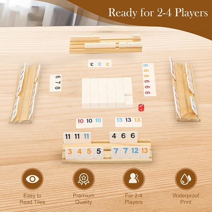 Upgraded 2-4 Players Rummy Game, 106 Melamine Tiles, 4 Wooden Racks, Premium Portable Case, Drawstring Bags, Tile Board Games for Adults, Birthday Gifts for Men Women Dad Mom