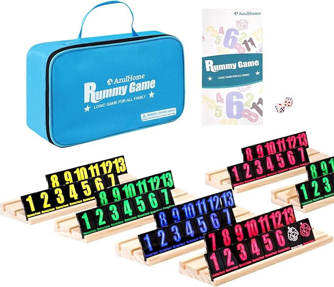 Rummy Cube 6 Player Edition with 6 Wooden Racks 160 Acrylic Tiles (1.5'') Rummy Game with Bag 6 Player Travel Size Rummy Game Large Number Rummy Tiles Game Set for Family Classic Board Games (Black)
