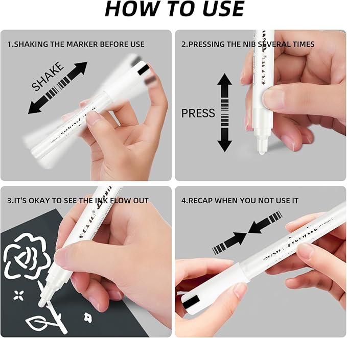 SFAIH Acrylic White Paint Pens - 8 Pack 2-3MM Medium Tip & 0.7MM Extra Fine Paint Marker for Rock Painting, Wood, Metal, Fabric, Plastic, Canvas, Glass, Ceramic, Diy Crafts, White Out Pen