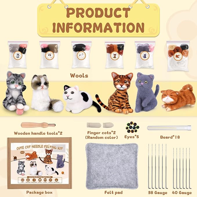 Mayboos 6 Pcs Needle Felting Kit, Animal Needle Felting Beginner Kits Wool Felt Needle Felting Tools with Instruction for DIY Craft Animal Home Decoration (Cute Cat)