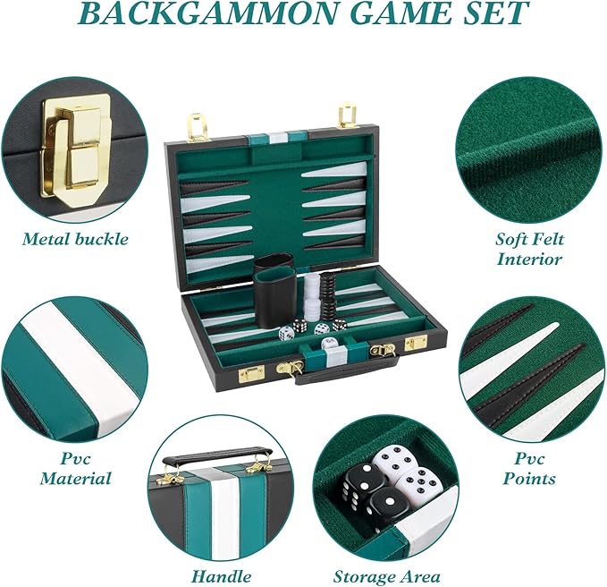 Backgammon Set 2 Players Classic Backgammon Sets for Adults Board Game with Black PU Leather Case Portable and Travel Backgammon Set (Green, 11inch)