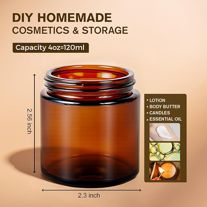 4 oz Glass Jars with Lids, Hoa Kinh 40 Pack Amber Small Glass Jars with Black Lids Empty Cosmetic Containers Airtight Round Glass Jar for Lotions, Powders and Ointments